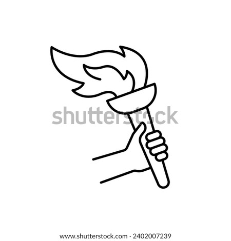 Olympic torch with fire in hand, line icon. Burning Olympic torch symbol of sport games. Competition of athletes in sport for winning champion. Flame of victory. Vector outline illustration