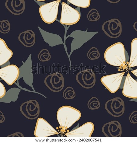 Seamless floral pattern background. abstract beige flowers with leaves on dark background