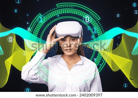 Attractive european woman with VR glasses and big data hologram. Metaverse and virtual reality concept