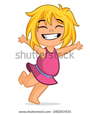 Cute little cartoon blond girl  smiling and dancing. 
Vector illustration of a teenager female wearing dress. Isolated Royalty-Free Stock Photo #2402014531