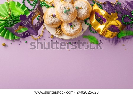 Festive Fiesta Spread: A top view of lively table featuring carnival masks, feathers, fan, and beads garlands. Sweet donuts add a delightful touch against the vibrant purple setting