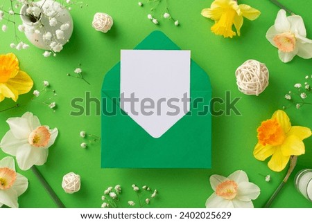 Rejoice in the beauty of spring blooms with narcissus and gypsophila. Above view photo features fresh branches, an envelope, and decor on a green isolated backdrop, perfect for text or advertising