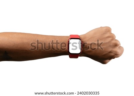 black male arm wearing and showing red smartwatch with blank screen isolated Royalty-Free Stock Photo #2402030335