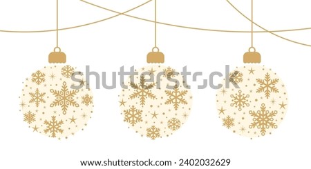 Golden Christmas ball banner with snow flakes, winter clip art illustration, festive decoration element