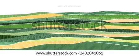 Abstract farm field collage background. Agro land backdrop, farmland landscape vector illustration with texture. Oriental decorative banner, eco design, green rural panorama, ecology art header Royalty-Free Stock Photo #2402041061