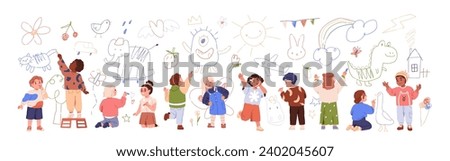 Children drawing on wall. Happy creative kids painting with colored crayon. Cute preschool boys and girls characters sketching with pencil, chalk. Flat vector illustration isolated on white background