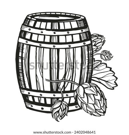 Hand drawn vector sketch of wooden barrel for wine, beer, whiskey, black and white illustration of textured wood oak keg, inked illustration isolated on white background