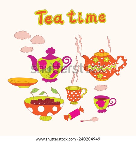 Tea time set. Teapots, cups, saucer, spoon, bowl with cherries and candy.