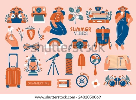 Summer adventure set clip arts. Cute vector illustrations about summertime, travels with girl in hat, polaroid, camera, suitcase, rainbow, backpack, hand holding flower, ice cream, books. For stickers