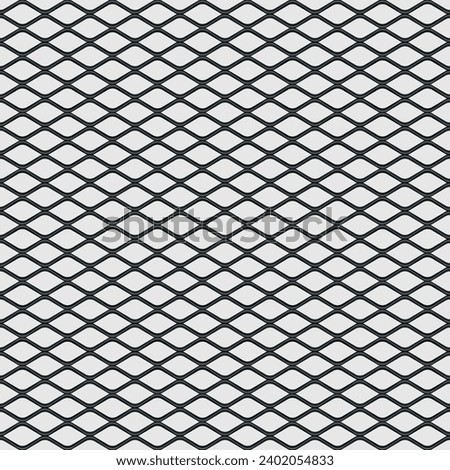 Black wire mesh fence on a white background. Crossed diagonal lines. Wavy wire structure. Geometric diamond texture. Seamless repeating pattern. Vecto