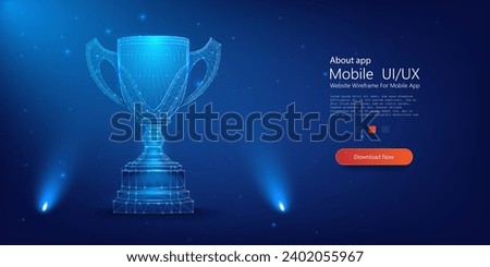 Glowing Digital Trophy Concept Illustration on Dark Background - Achievement and Success Symbol. Trophy cup. Abstract image of a champion cup in the form of a starry sky or space, consisting of points Royalty-Free Stock Photo #2402055967