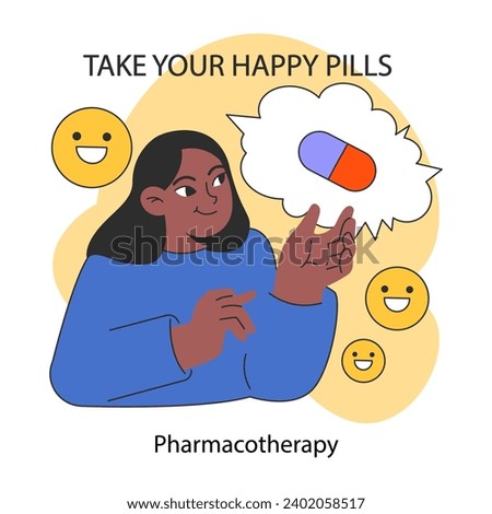 Neurosis, chronic stress or anxiety mental disorder treatment. Psychotherapy and pharmacotherapy. It's ok to take medications. Woman holding a pill. Flat vector illustration