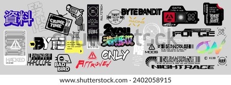 Cyberpunk decals set. Set of vector stickers and labels in futuristic style. Inscriptions and symbols, Japanese hieroglyphs for matchless, step, material Royalty-Free Stock Photo #2402058915