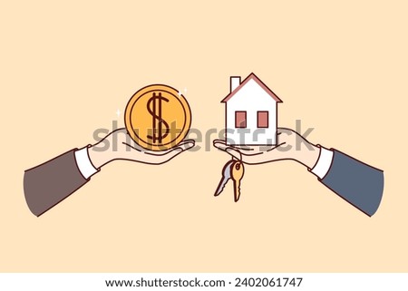 Real estate transaction when buying or renting house, with hands holding money and miniature cottage with keys. Realtor or broker sells apartment to buyer wants to invest in own real estate Royalty-Free Stock Photo #2402061747