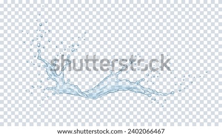 Translucent water flow with drops realistic vector illustration. Liquid splashing with bubbles 3d element on transparent mesh background