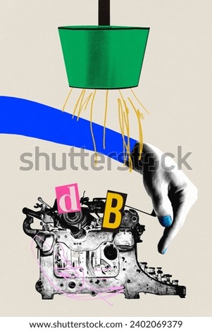 Female hand and retro typewriter. Journalism, stories creature, writer, social media, news. Contemporary art collage. Concept of business, office, professional occupation and achievement