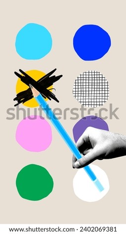 Human hand holding pencil over light background with abstract element. Writer, journalism. Contemporary art collage. Concept of business, office, professional occupation, achievement