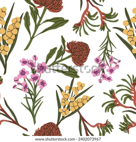 Flat vector Australian flowers seamless pattern Royalty-Free Stock Photo #2402073967
