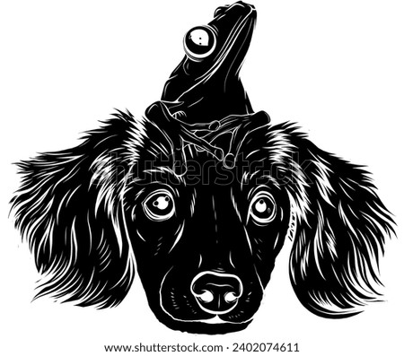 vector black silhouette of dog and frog cartoon