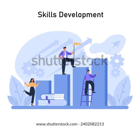 Determined professionals ascend in skills development. Amidst upward arrows and gears, they signify growth, continuous learning, and reaching for higher goals in their career journey. Flat vector. Royalty-Free Stock Photo #2402082213