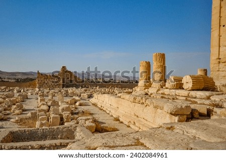 The Bel Temple in Palmyra, Syria, is an ancient architectural marvel. Majestic columns and intricate carvings adorn its facade, reflecting a blend of Roman and Semitic influences. The temple, dedicate Royalty-Free Stock Photo #2402084961