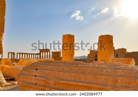 The Bel Temple in Palmyra, Syria, is an ancient architectural marvel. Majestic columns and intricate carvings adorn its facade, reflecting a blend of Roman and Semitic influences. The temple, dedicate Royalty-Free Stock Photo #2402084977