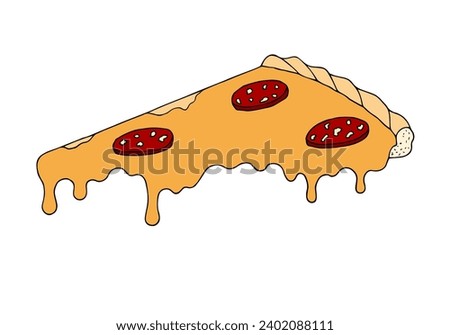 A piece of pizza with sausage and cheese, melted cheese cheese flowing down. Hand Drawn. Freehand drawing. Doodle. Sketch. Outline.	