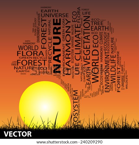 Vector concept or conceptual black text word cloud as tree and grass on sunset sky sun background  for nature, ecology, green, energy, natural, life, world, global, protect, environmental or recycling