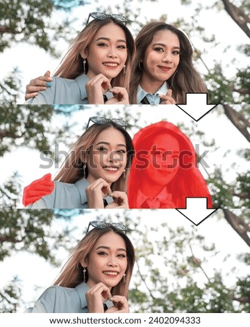Photo editing and manipulation. Removing a person from the photo. Before, and after Healing, Cloning or Generative AI. Trying to forget a former bestfriend.