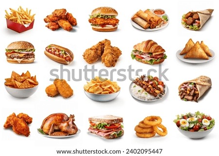 All Fast Food collection set, isolated on white background. Fried chicken, fries, hamburger, turkey, hotdog, sandwich, chicken nuggets, shawarma. Junk food of Fast Food set. Closeup of fast foods. Royalty-Free Stock Photo #2402095447