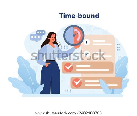 Prioritizing time-bound objectives. Woman with clock emphasizes deadline adherence, checklisted tasks, and punctual project completion. Meeting targets timely, efficient scheduling. Flat vector Royalty-Free Stock Photo #2402100703