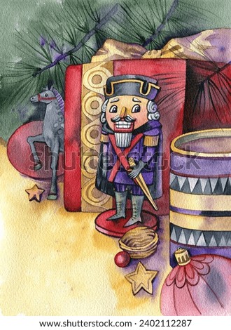 Watercolor Painted book illustration. Nutcracker. Merry Christmas and Happy New Year