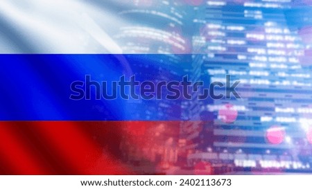 Business in Russia. Skyscraper near flag of Russia federation. Fragment of building from downtown. Business with company from Russia. Buildings of business center of Moscow. Selective focus Royalty-Free Stock Photo #2402113673