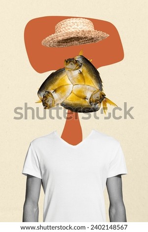 Collage comics zine image of weird person without head river fish isolated on creative background Royalty-Free Stock Photo #2402148567