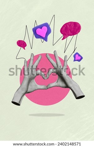 Vertical collage picture illustration black white filter human hands show heart romantic love gesture chat bubble exclusive white background