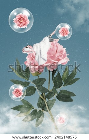 Vertical creative photo collage of young lady lying on huge peony rose flower among stars and soft clouds rest comfort on sky background