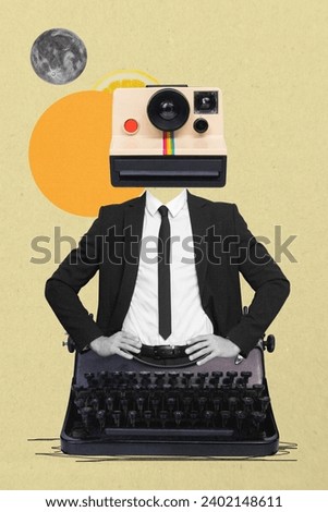 Vertical collage image of black white effect guy body typing machine photo camera instead head citrus full moon isolated on creative background