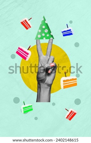 Creative drawing collage picture of hand showing v-sign wear cone hat birthday cake party weird freak bizarre unusual fantasy billboard