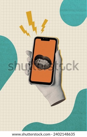Vertical collage picture illustration monochrome effect hand hold angry furious growl lightning abuse negative turquoise cell background