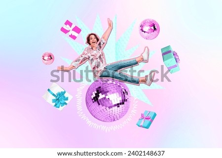 Horizontal creative photo collage holiday agency young crazy girl sit on big disco ball having fun at party gift boxes discotheque