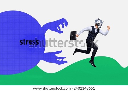 Collage picture illustration caricature headless man runs stress depressed over work worker trade crisis corporate colorful background