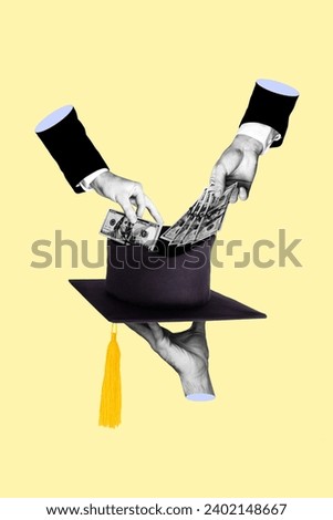 Vertical creative photo collage of peoples hands hold graduate hat and put money in it concept of payment for university college education isolated