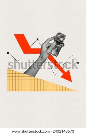 Vertical collage picture illustration black white effect human hand hold crumbled banknote dollar red arrow down financial problem charts