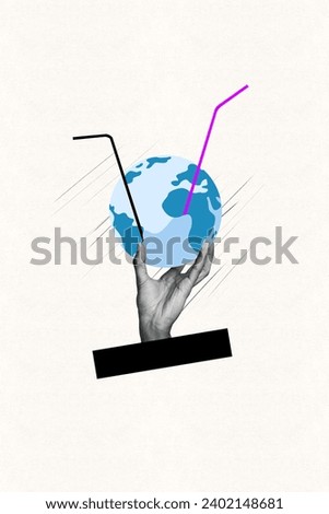 Vertical collage picture illustration black white effect powerful hand hold planet earth glass straw cocktail line empty background