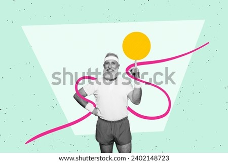 Collage image picture of cheerful happy elderly man coach rolling ball on his hand isolated on creative drawing background