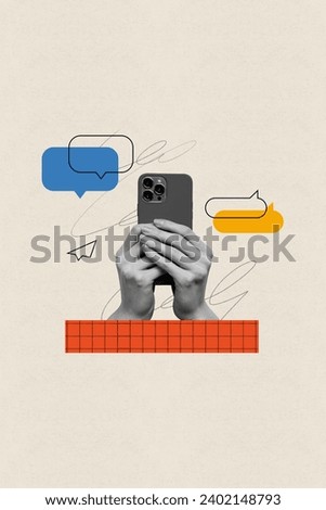 Vertical creative composite artwork photo iphone collage of arm holding smartphone write messages in chat isolated retro drawing background