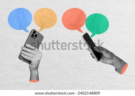 Horizontal creative photo collage of two hand hold mobile phone with message notification online internet connection on paper background