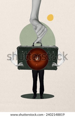 Vertical collage of black white colors fingers hold mini suitcase valise photo camera arms stand legs isolated on paper background