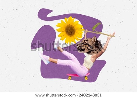 Creative collage picture cheerful excited funny caricature leopard cat mask ride skateboard fast hold sunflower purple white background
