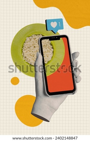 3d retro abstract creative artwork template collage of hand hold phone share photo social media food billboard comics zine minimal concept